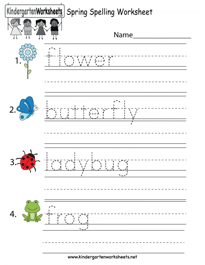 Kindergarten Spring Spelling Worksheet Printable