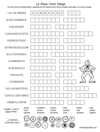 La Ropa Word Merge Free Printable Spanish Puzzle Worksheet And