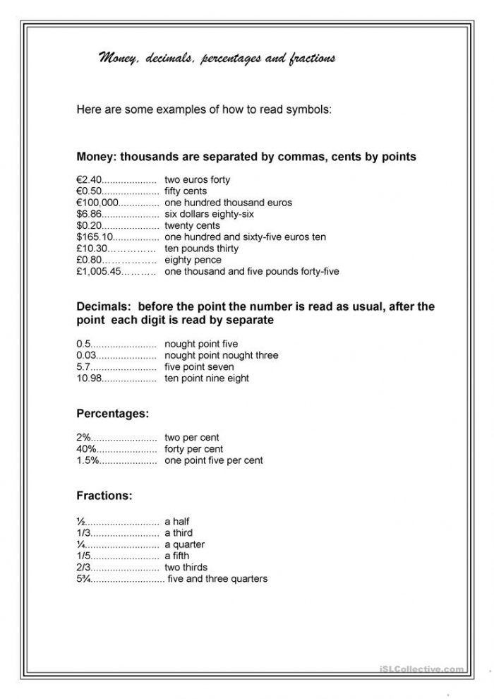 Money  Decimals  Percentages   Fractions