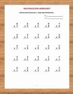 multiplication minute drill v math worksheets with 8