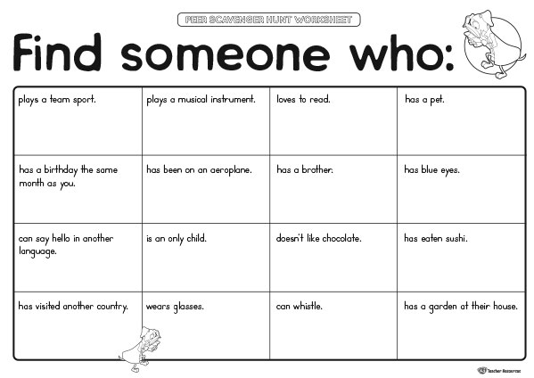 Peer Scavenger Hunt Worksheet