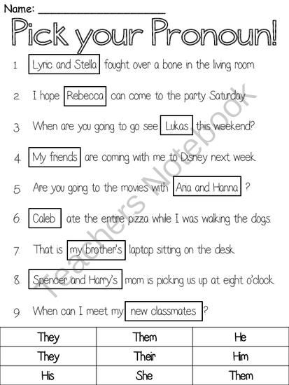 Pick A Pronoun From Ms Lyric On Teachersnotebookcom  Page