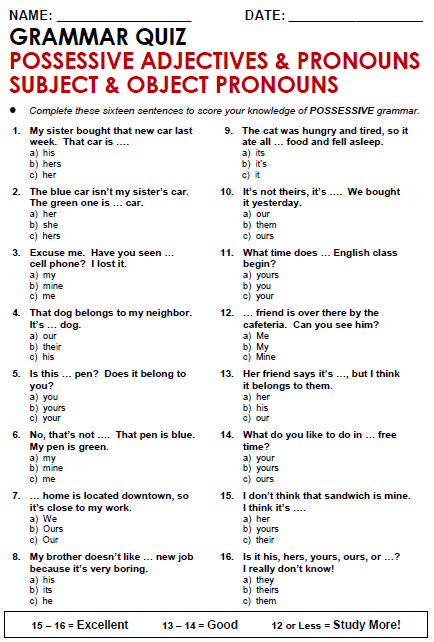 Possessive Pronouns Quiz For Grade 4