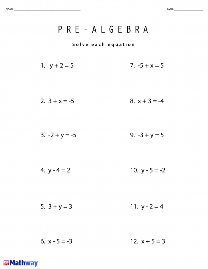 Pre Algebra Free Printable Worksheeta