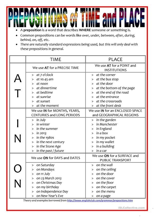 Prepositions Of Time And Place In  On  At Worksheet