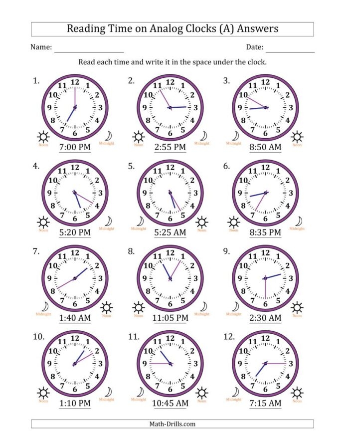 Reading Hour Time On Analog Clocks In Minute Intervals Clock