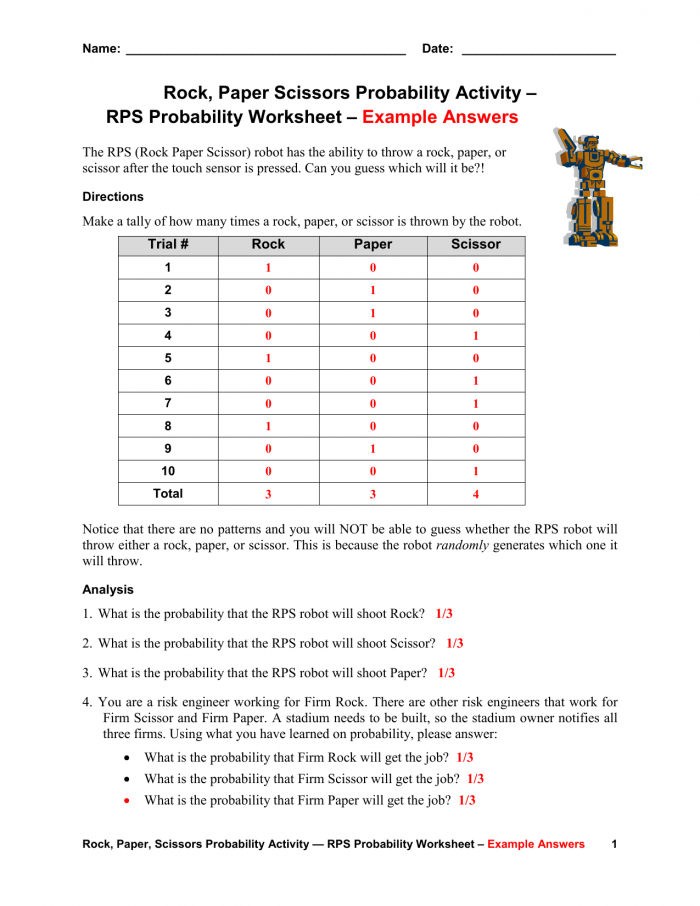 Rps Probability Worksheet  Example Answers