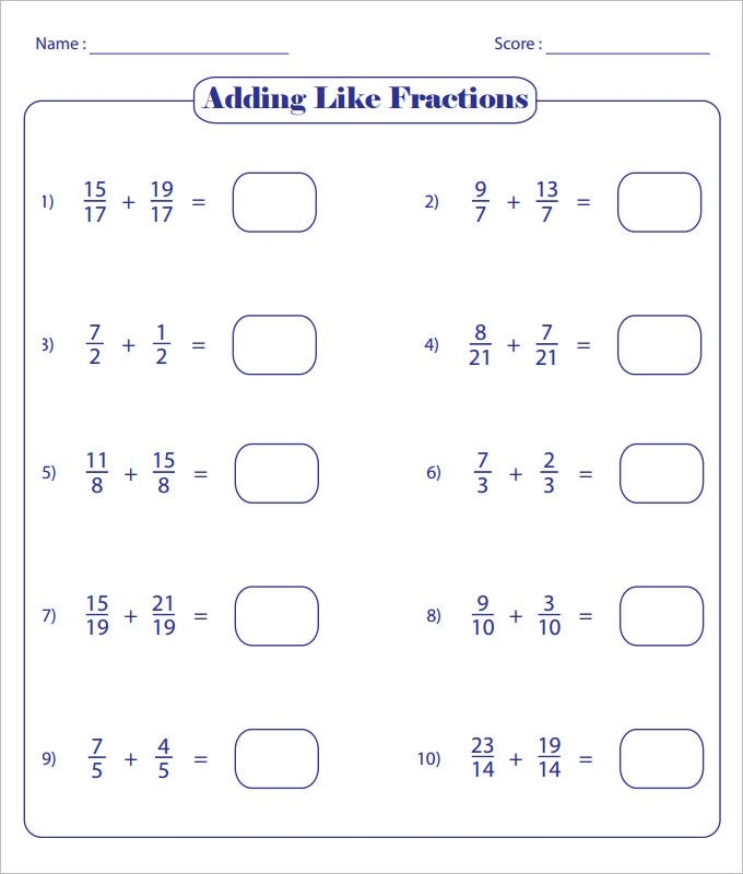 Free Printable Addition Fractions Worksheets