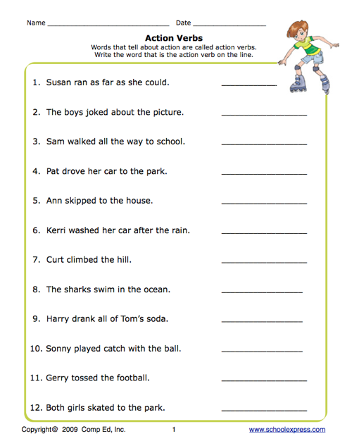 Action Verbs Worksheet First Grade