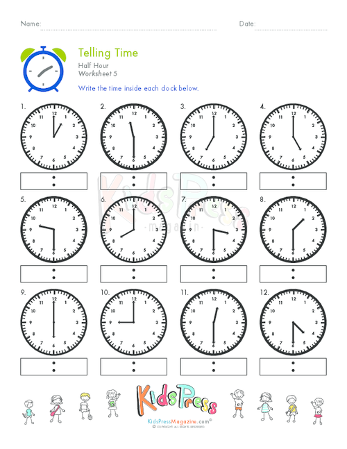 Telling Time Half Hour Worksheet