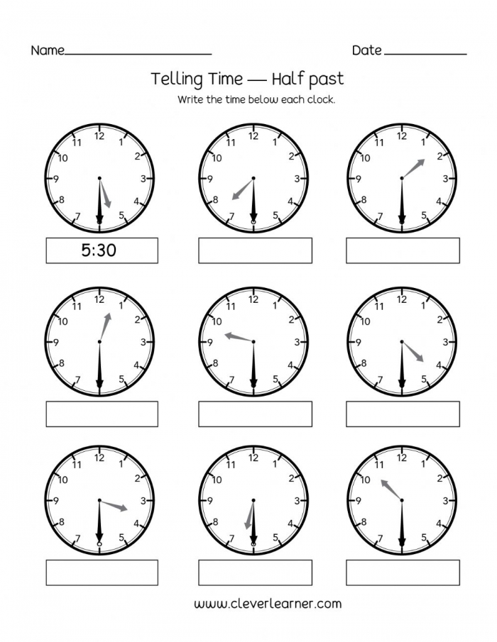 Telling Time To Half Hour Worksheet