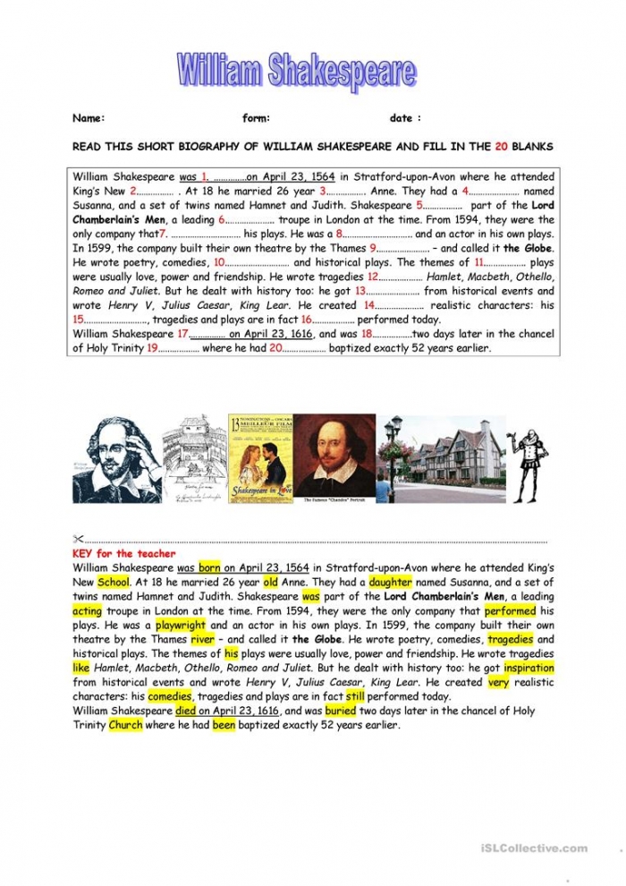 A Short Biography Of William Shakespeare  Key