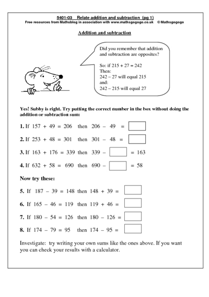 Addition And Subtraction As Inverse Operations Worksheet For Rd