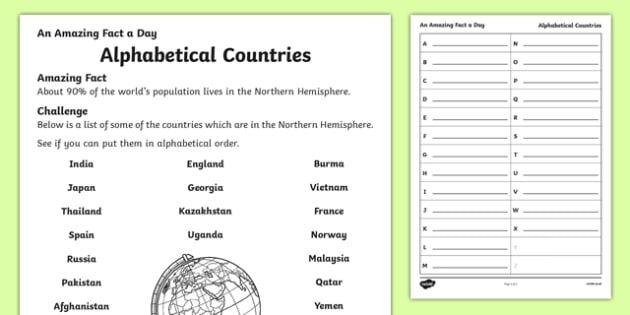 Alphabetical Countries Worksheet  Worksheet  Worksheet