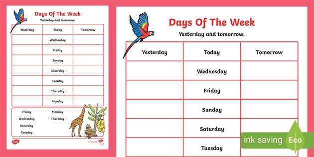 Days Of The Week Yesterday And Tomorrow Worksheet