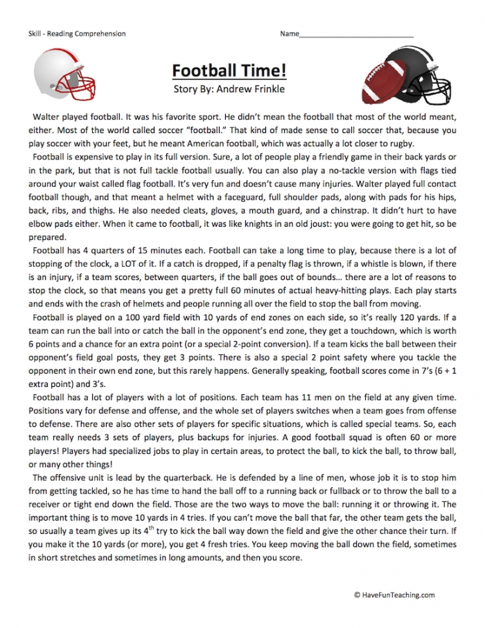 Football Time Reading Comprehension Worksheet  Have Fun Teaching