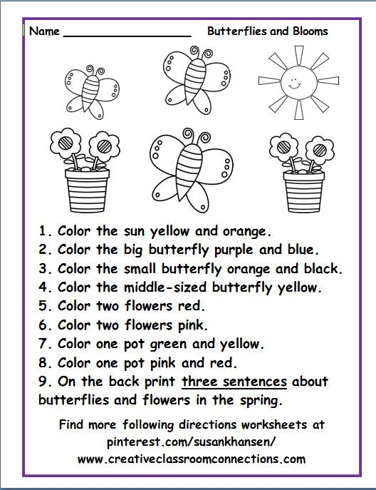 Free Following Directions Worksheet Featuring Spring Butterflies
