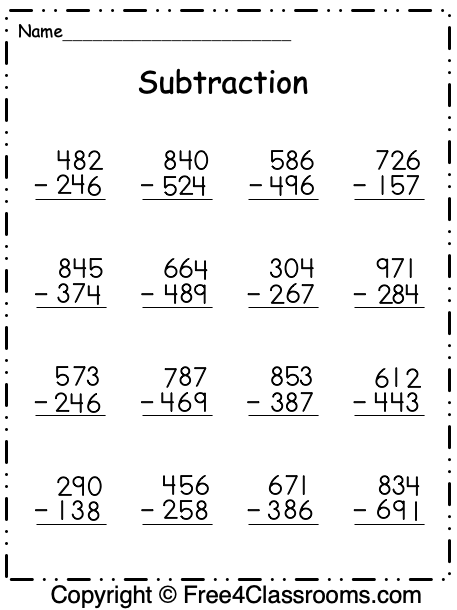 Free Subtraction Worksheets