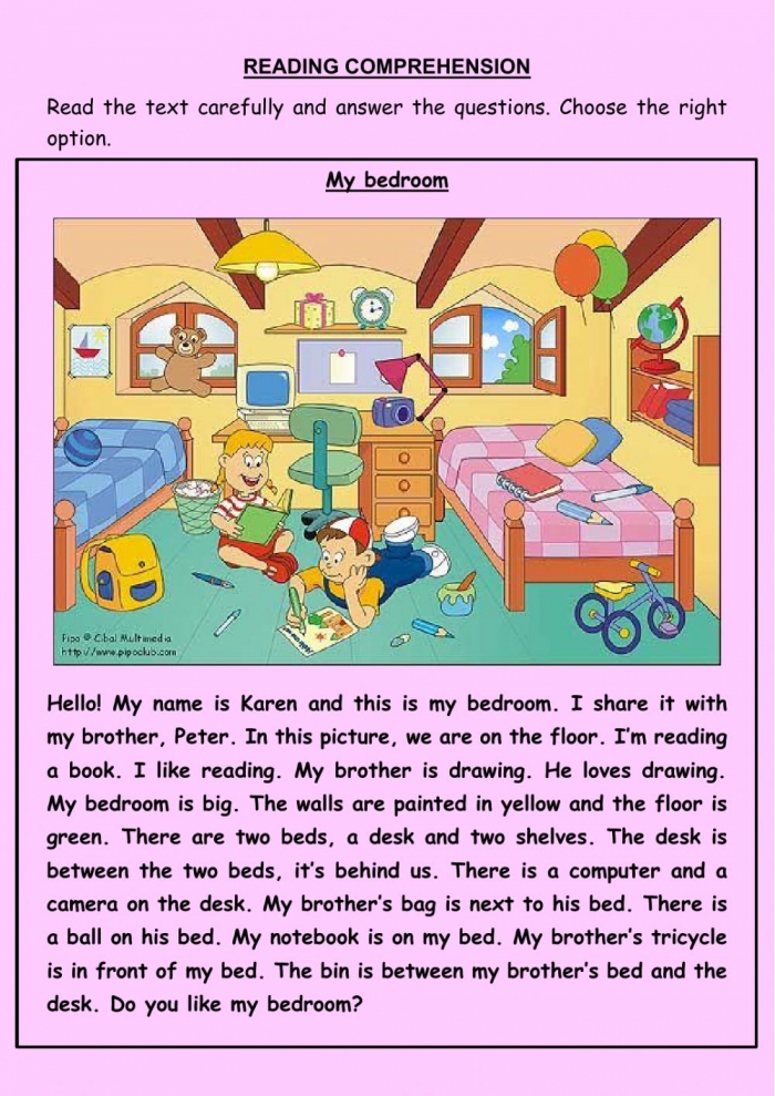 Reading Comprehension My Bedroom Worksheet