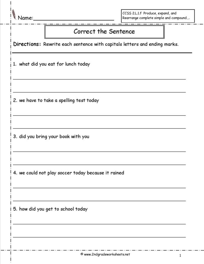 Second Grade Sentences Worksheets Ccss Sentence Practice