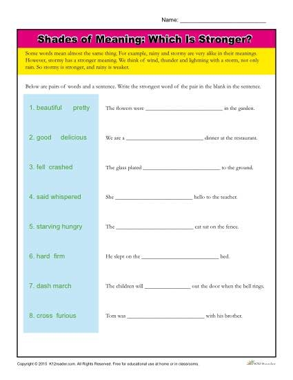 Shades Of Meaning Vocabulary Worksheet