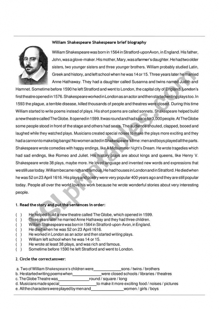 Shakespeares Biography Worksheet