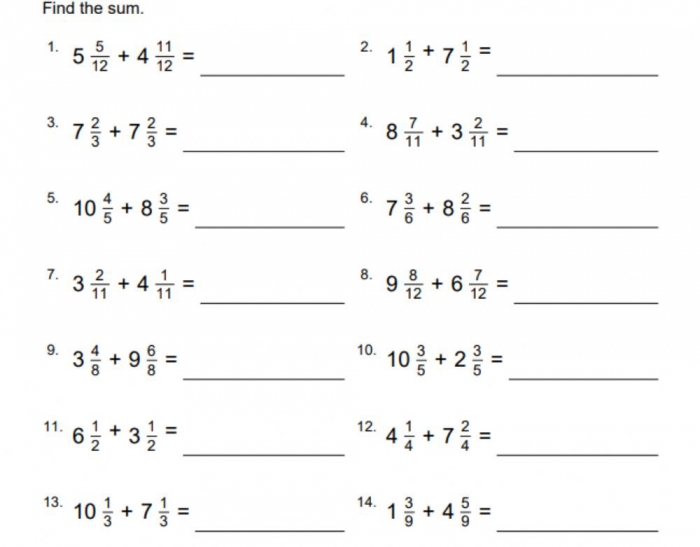 Adding Mixed Fractions With Like Denominators Worksheets