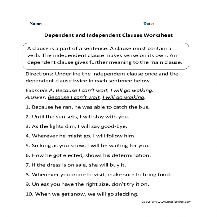 Clauses Worksheets