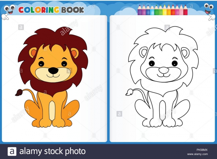 Coloring Page Cute Lion With Colorful Sample Printable Worksheet