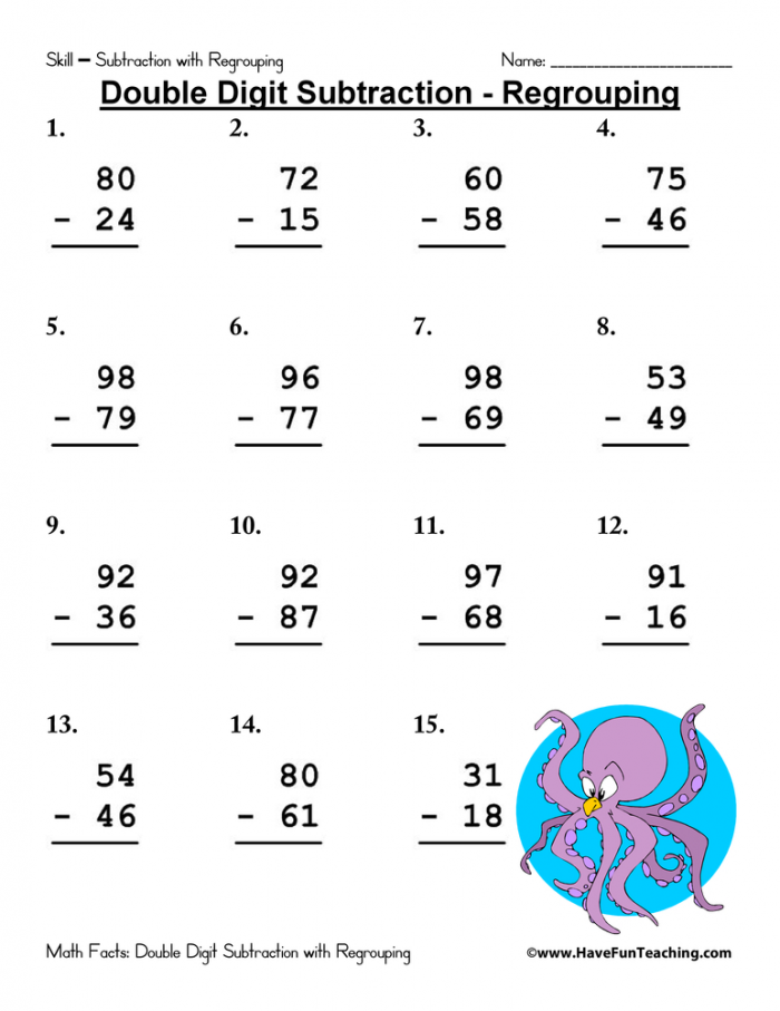 Double Digit Subtraction Regrouping Worksheet Pack In