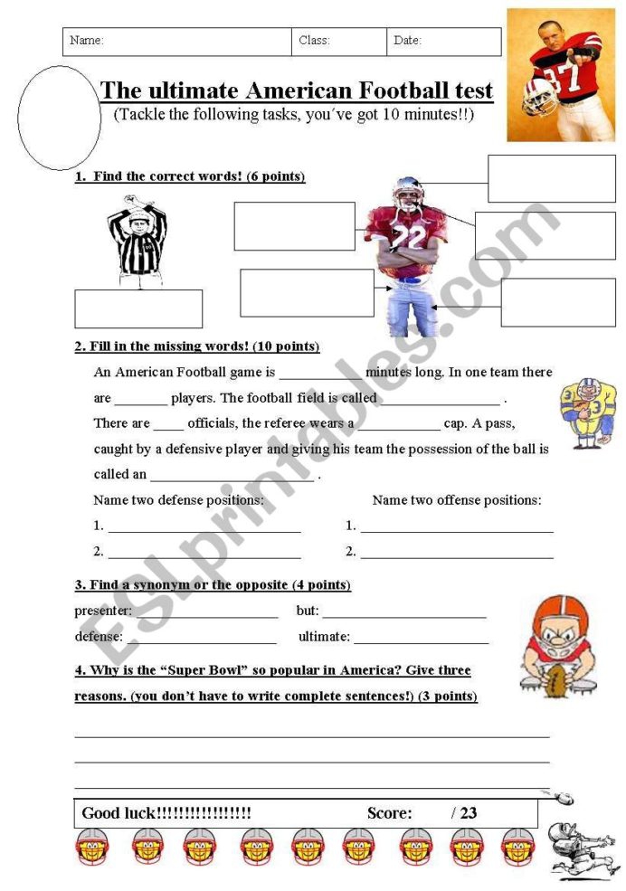 English Worksheets Short Test About Football First Grade Math