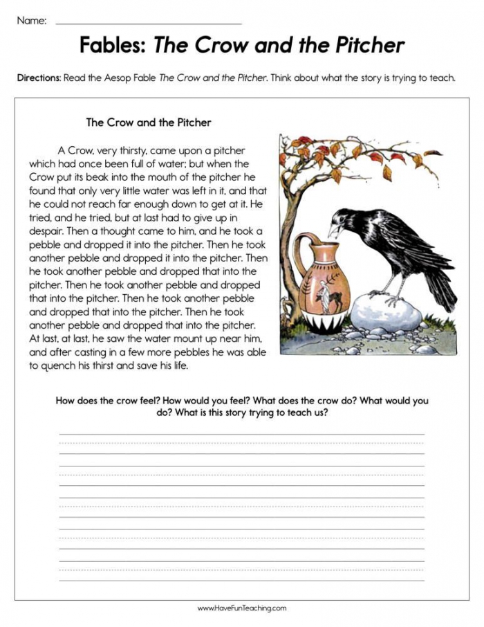 Fables The Crow And The Pitcher Worksheet