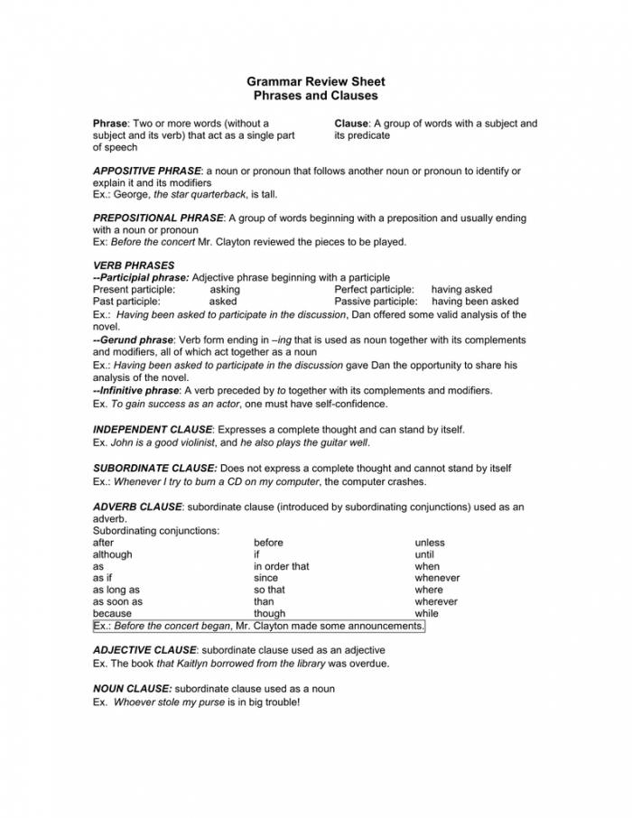 Grammar Review Sheet Phrases And Clauses