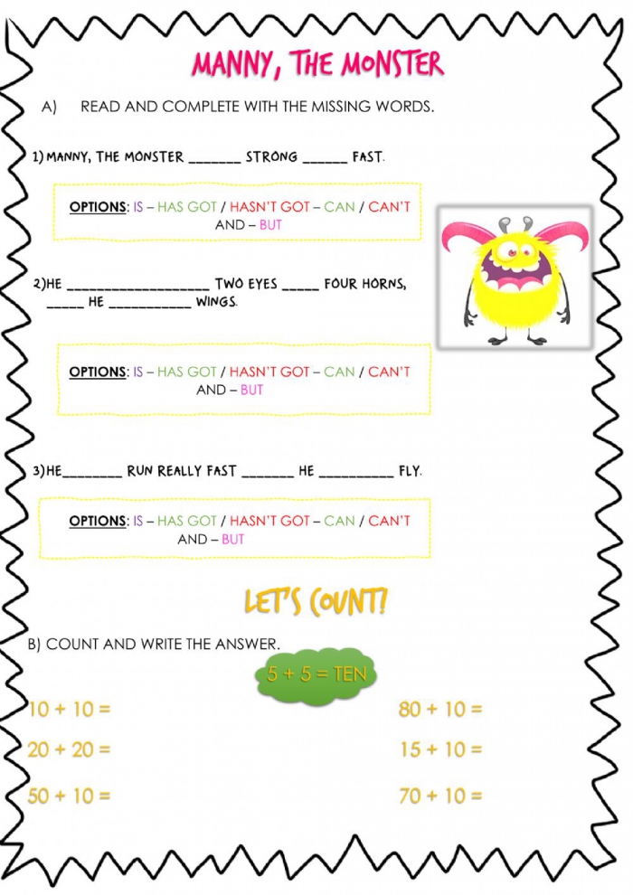 Manny  The Monster  Numbers Worksheet