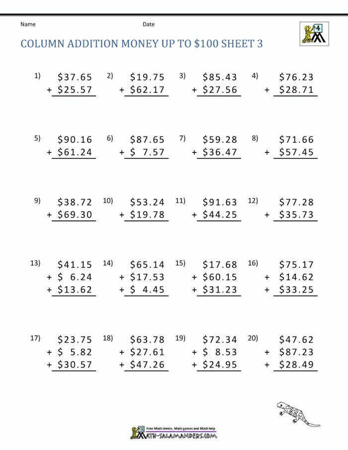 Money Addition Worksheet Collection Th Grade