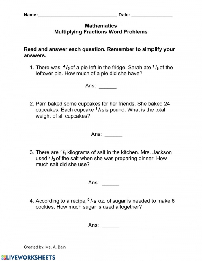 Multiplying Fractions Words Problems Worksheet