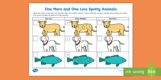 One More One Less Spotty Animals Worksheet Teacher Made