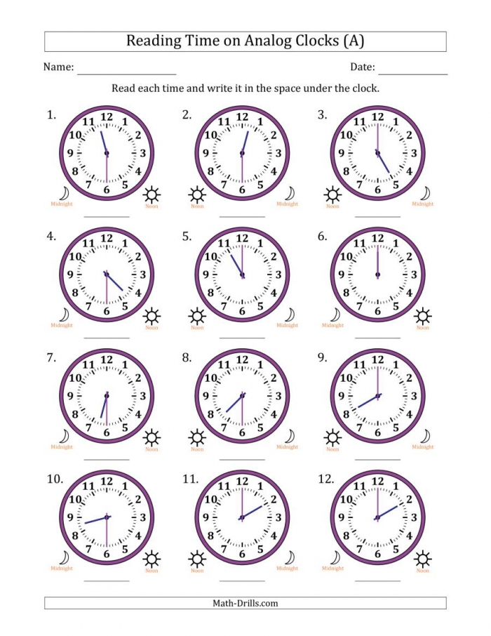 Reading  Hour Time On Analog Clocks In  Minute Intervals