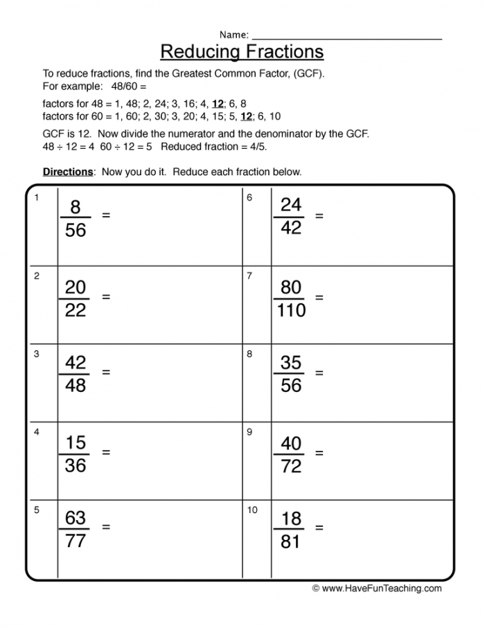 Reducing Fractions Worksheet  Have Fun Teaching
