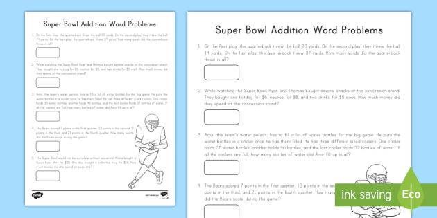 Super Bowl Addition Word Problems