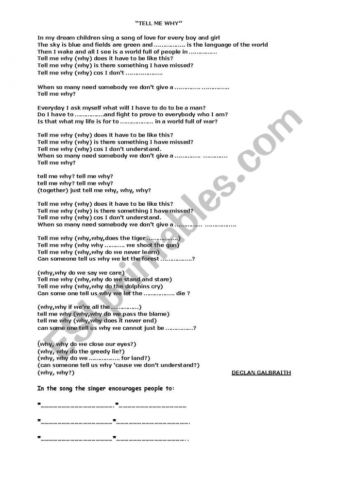 Song tell me why by Declan Galbrith…: English ESL worksheets pdf & doc