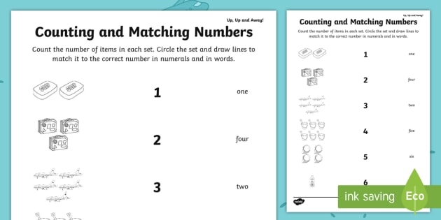 Up  Up And Away Counting And Matching Numbers Worksheet  Worksheet