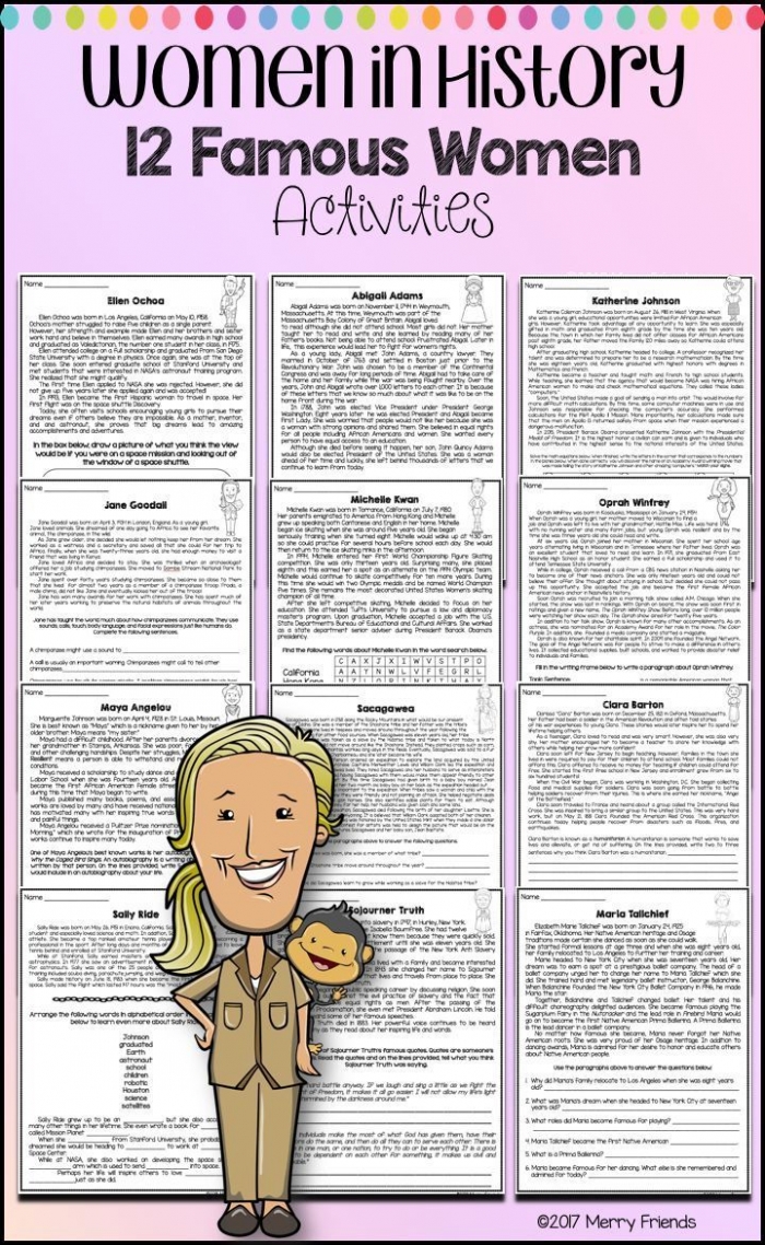 Womens History Month Worksheets Jane Goodall Oprah Winfrey Clara