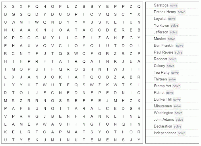 Word Search American Revolution Printable Version