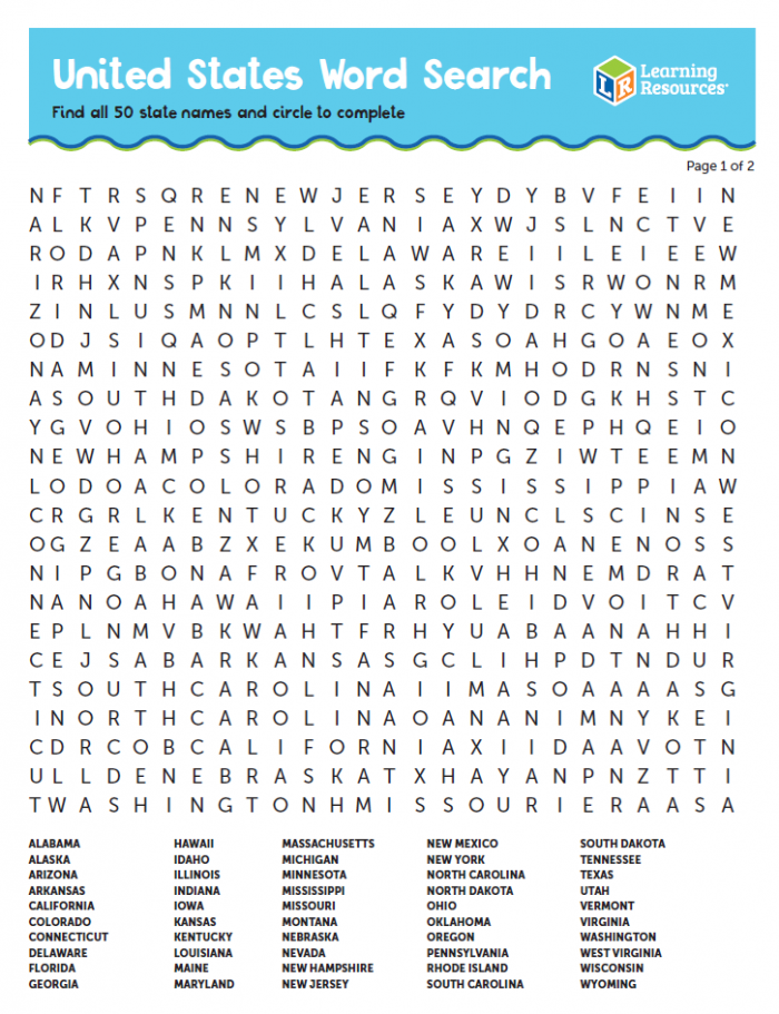 Word Search Printable Find All  States