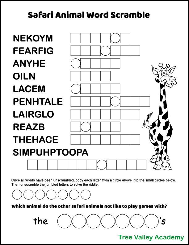 African Safari Animals Word Scramble