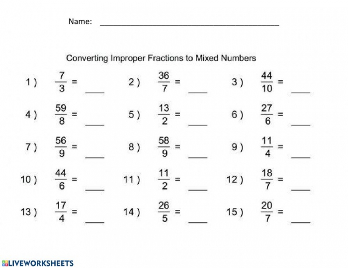 Changing Improper Fractions To Mixed Numbers Worksheet