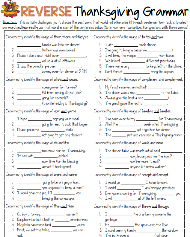 Free Reverse Thanksgiving Grammar Worksheet