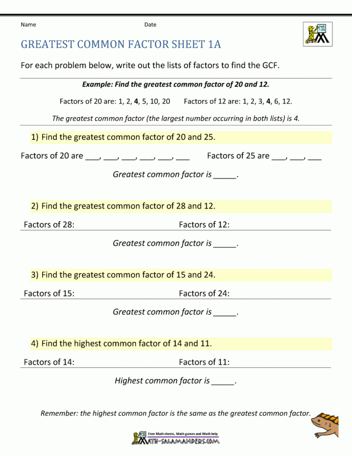 Greatest Common Factor Worksheet Page