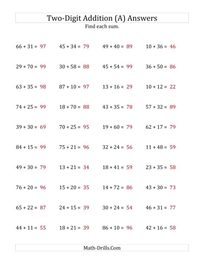 Horizontal Two Digit Addition No Regrouping Subtraction Worksheets